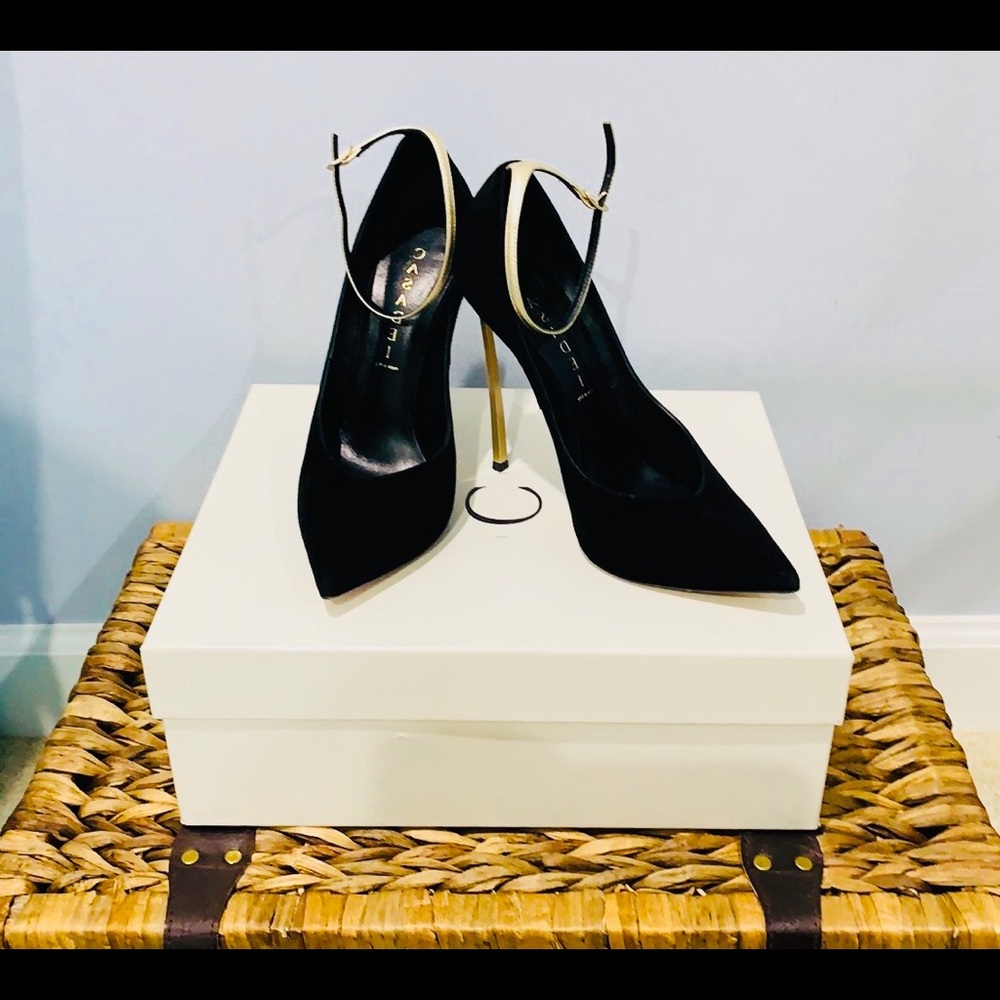 Casadei black suede evening heels.
